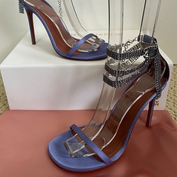 Amina Muaddi Giorgia Tanzanite Satin Crystal Ankle Wrap Sandals Pumps Heels - Picture 5 of 9